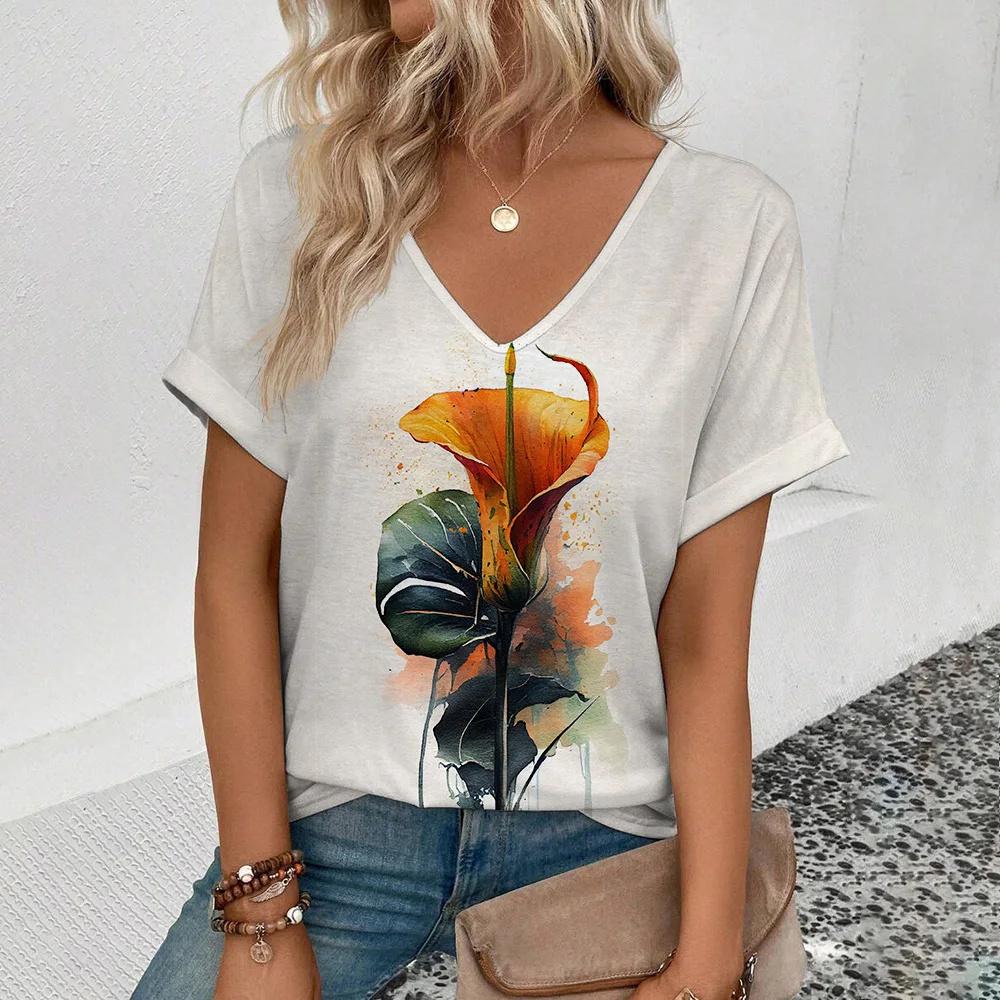 Flowers Women's T-Shirt Daily 3d Print T-Shirt Harajuku Fashion Casual Short Sleeve Top V-Neck Oversized Clothing
