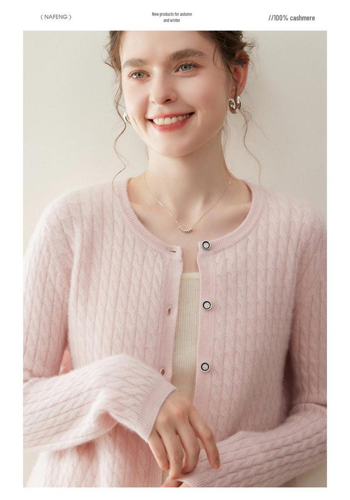 Women's 100% Pure Cashmere Cable Knit Round Neck Cardigan Sweater for Autumn and Winter