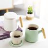 Ceramic Wooden Handle Mug with Lid Tea Separating Cup Office Water Cup Advertising Gift