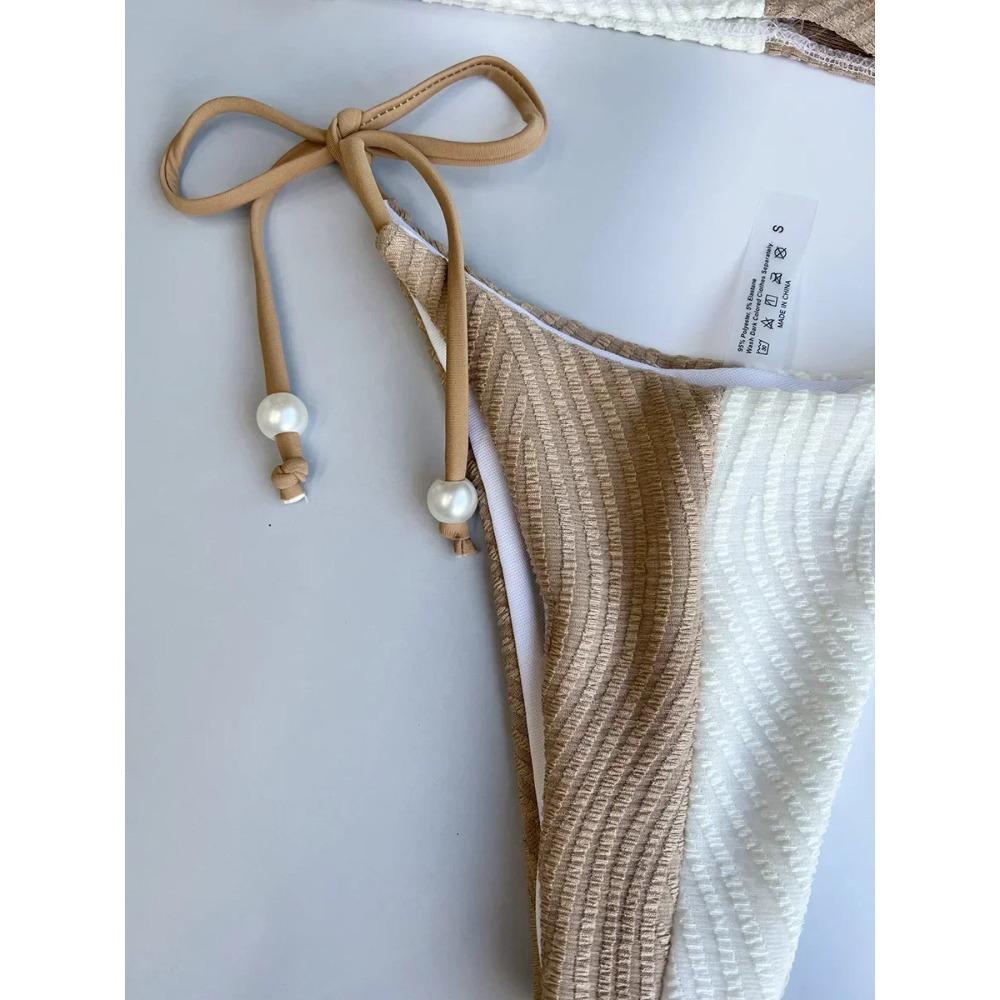 XS - L Splicing Halter Hollow Out Ribbed Bikini Female Swimsuit Women Swimwear Two-pieces Bikini Set Pearls Bathing Suit Swim