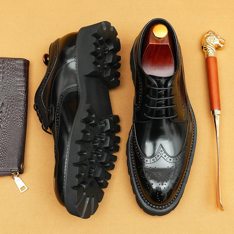 Patent Leather Men's Brogue Shoes with Pointed Toe and Thick Sole
