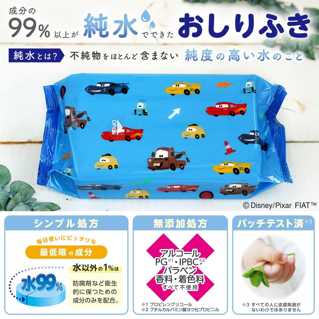 LEC Disney Pure Water Baby Soft 80 Wipes X 3 Packs Mildly Made In Japan 99% Wipes, Type, (Cars), Additive-Free, Acidic,