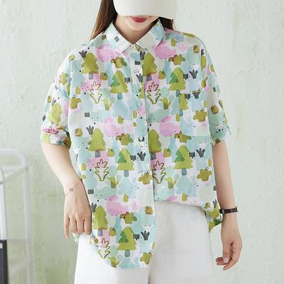 DIMANAF 2026 Plus Size New Summer Women Blouse Shirt Short Sleeve Casual Loose Print Floral Cotton Lady Tops Shirts