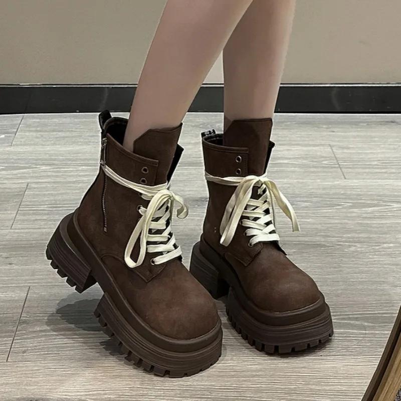 Women's Boots 2024 New Thick-soled Thick-heeled Knight Boots Zapatos Lace-up Design Punk Style Zipper Casual Motorcycle Boots