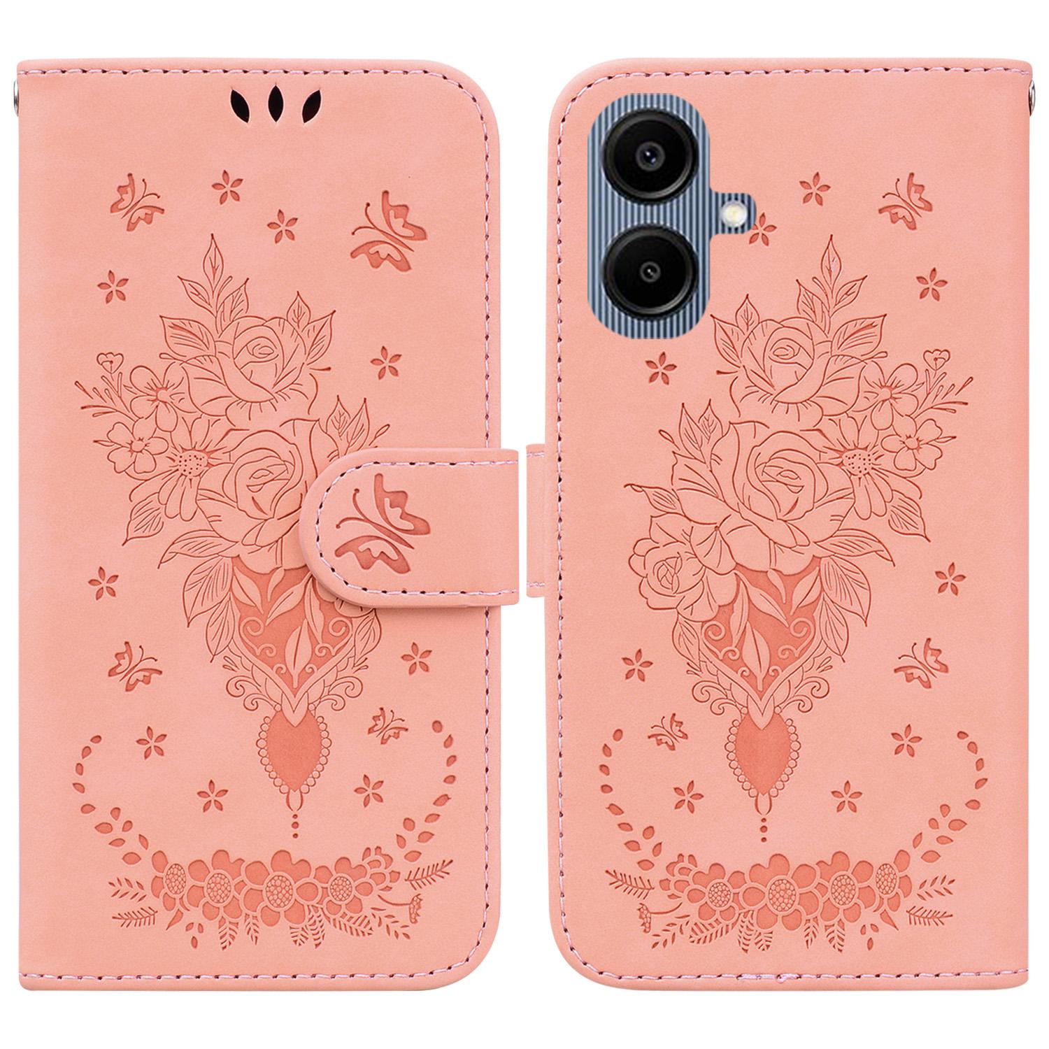 

For Samsung Galaxy A07 5G Case Butterfly Flower Imprint PU Leather Wallet Phone Cover with Strap Pink