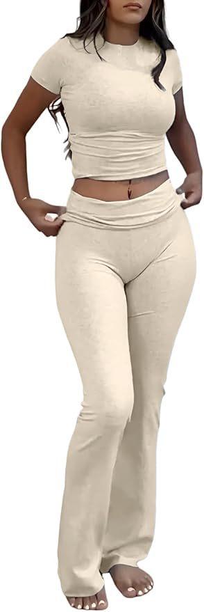 Women's Two Piece Workout Set Crewneck T-Shirt Low Waist Flare Pants Tracksuit