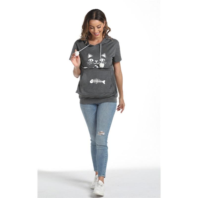 Women's summer cat face fish bone print loose large pocket short-sleeved hooded T-shirt