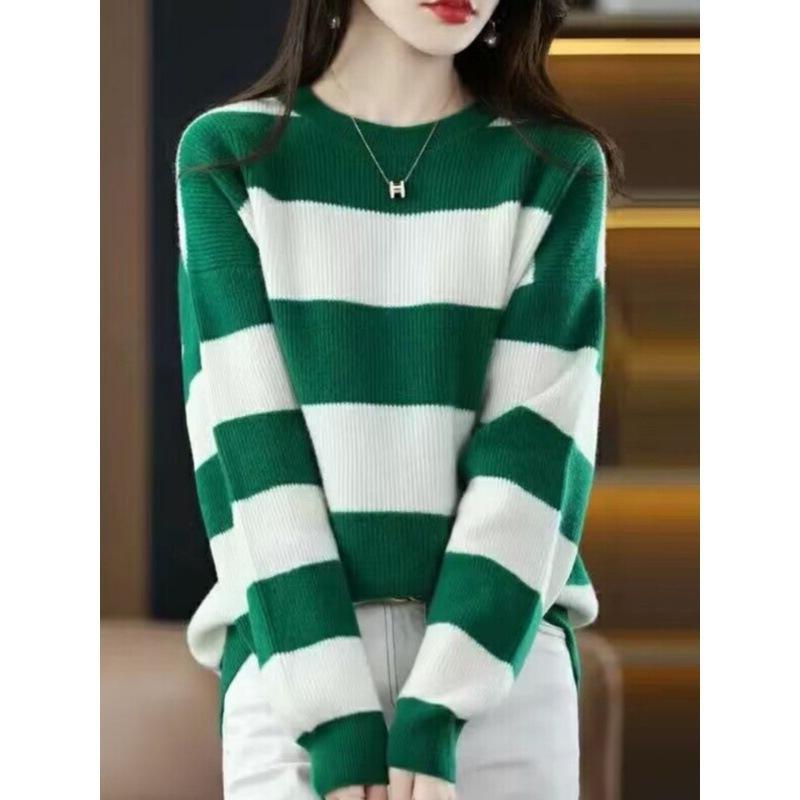 Black and White Striped Knitted Sweater for Women Autumn and Winter Round Neck Pullover Sweater