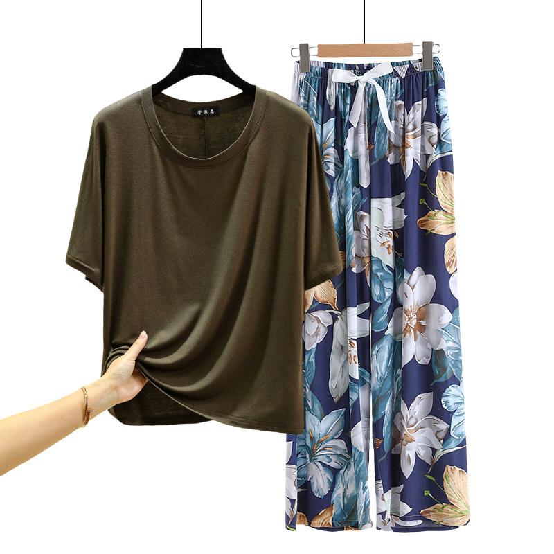 T-shirt girocollo in modal con pantaloni a gamba larga floreali in popeline Set pigiama estivo sottile Tuta casual larga per dormire Loungewear comodo tutto da abbinare