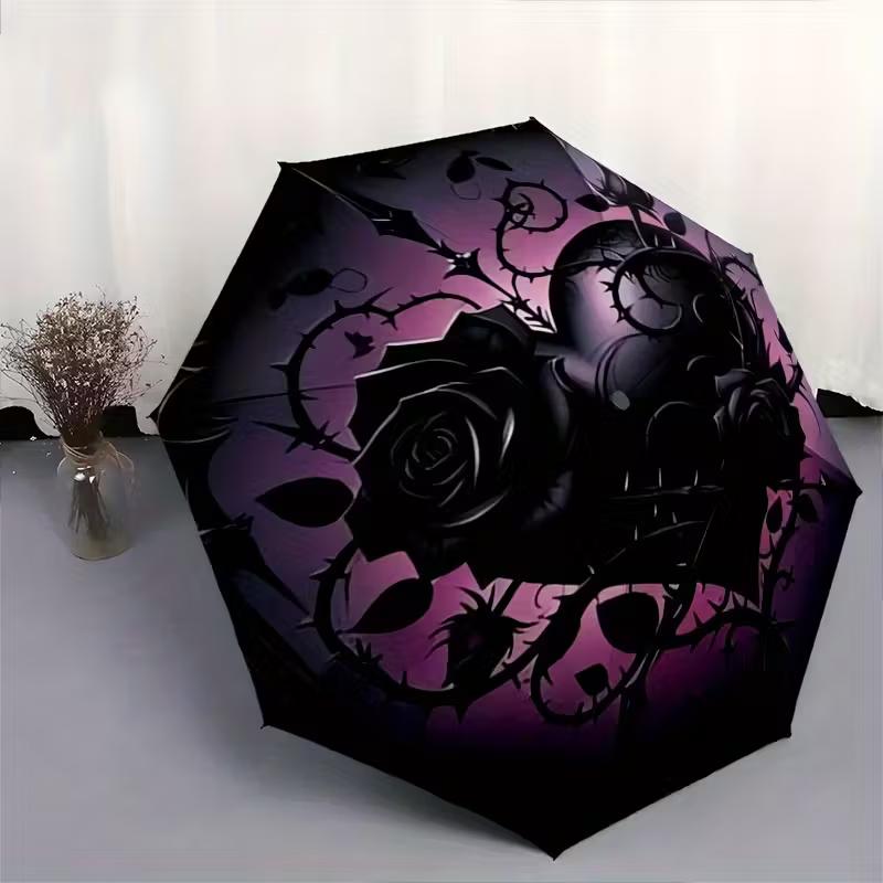 1 Gothic Rose Design Automatic Folding Umbrella | Compact Travel Umbrella with 8 Iron Ribs, Lightweight and Portable, Ideal fo