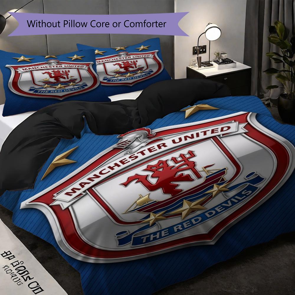 Manchester Glory Emblem Three-piece Set (1 * Duvet Cover + 2 * Pillowcase, Without Core) 2D Flat Christmas Birthday Gift Soft and Comfortable