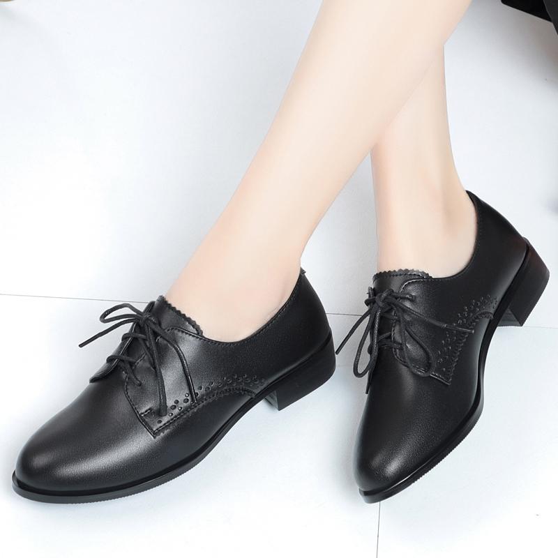 Women Autumn Shoes Genuine Leather Mid Heel British Style Women Loafers Large Size Lace-up Women Shoes