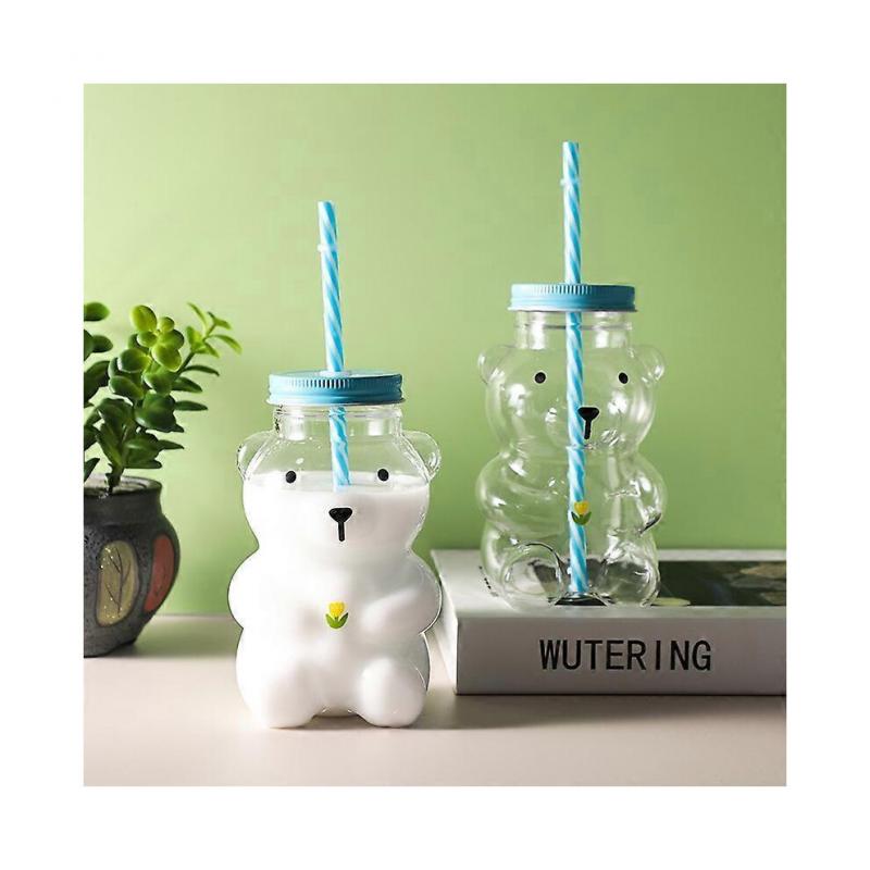 Little Bear Glass Straw Cup, Fresh And Heat-resistant, Cute Bear Juice, Coffee, And Milk Cup, Made Of High Borosilicate Glass