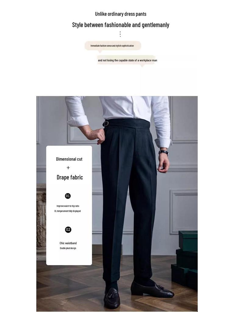 Herren Italienische Neapolitanische High-Waist Gerade Bein Lässige Stoffhose im Britischen Retro-Stil