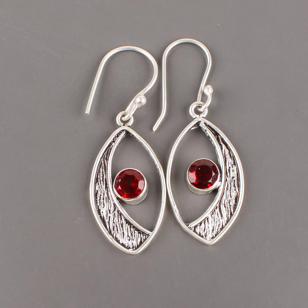 Red Garnet Gemstone 925 Sterling Silver Jewelry Handmade Earrings 1.60" For Her EE-61-19