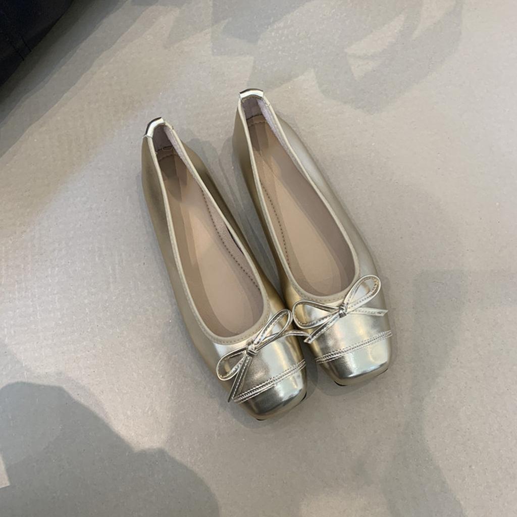 French Small Fragrant Style Bow Light Mouth Ballet Single Shoes Women's Versatile Square Head Gentle Flat Grandma Shoes