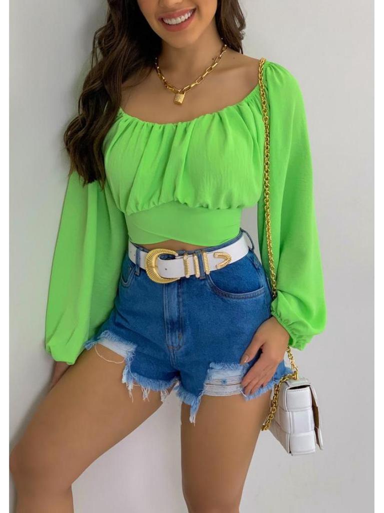 European & American Women's Off-the-Shoulder Lantern Sleeve Crop Top with Lace-Up Design