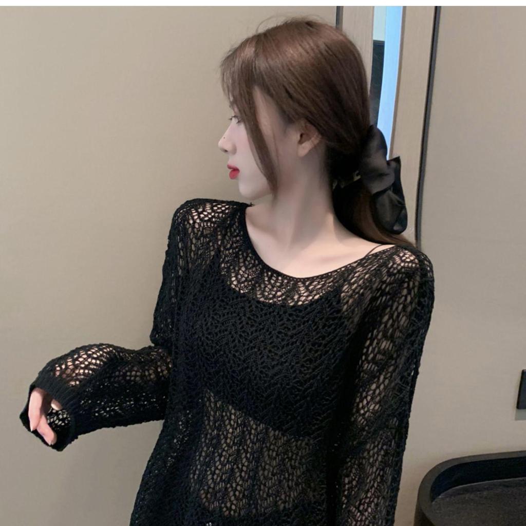 Summer 2026 Black Hollow-Out Long Sleeve Knit Cardigan – Women's Loose Ice Silk Sun Protection Outerwear.