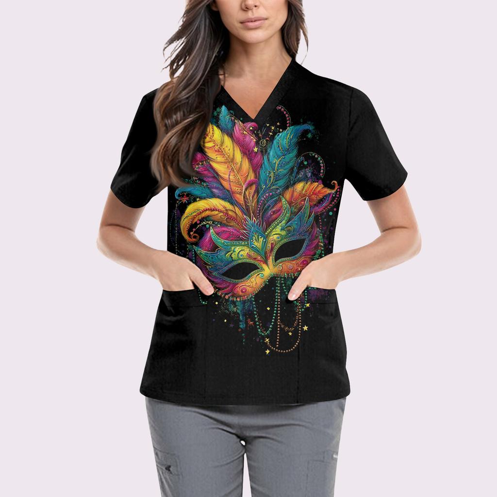 Women's Cute Printed Work Clothes V-neck Double Layer Pockets Basic Short Sleeve Top Pullover Valentines