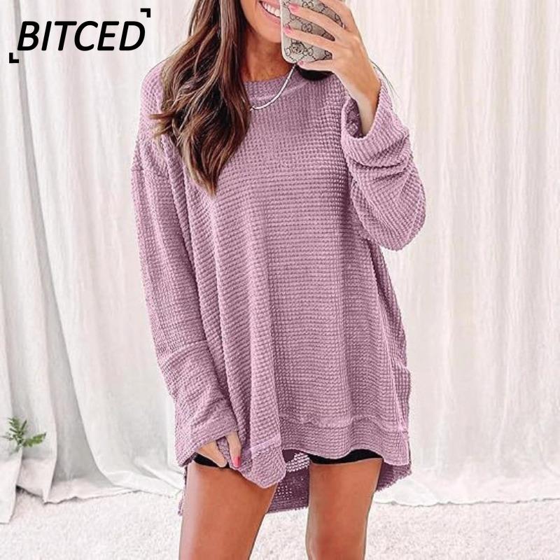 BITCED Women's Fashion Casual Solid Color Print Long Sleeve O-Neck Blouses & Shirts