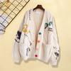 V Neck Long Sleeves Pockets Ribbed Trim Knitted Coat Winter Embroidery Letter Pattern