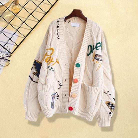 V Neck Long Sleeves Pockets Ribbed Trim Knitted Coat Winter Embroidery Letter Pattern
