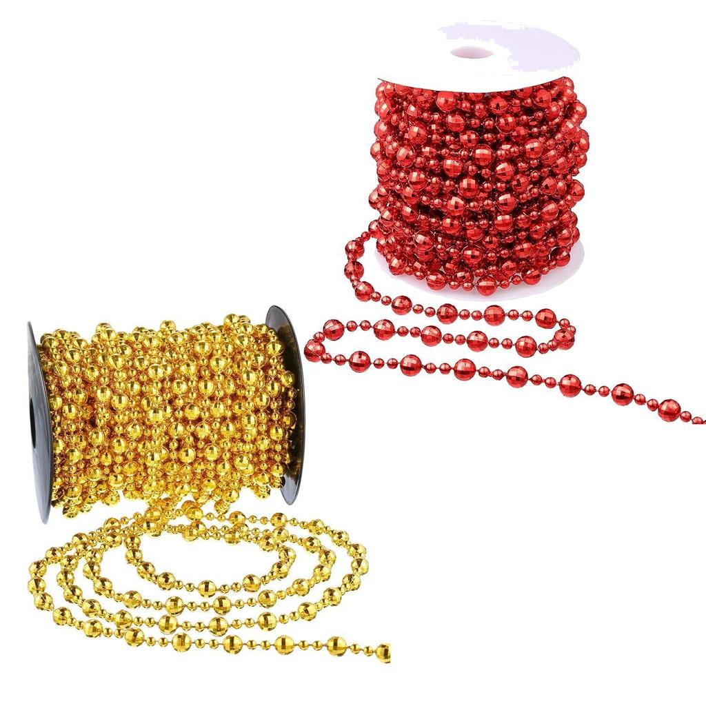 Pack of 10 Beaded Pearl Chain String Christmas Garland Hanging Ornaments for Xmas Christmas Party Decoration Item (Red Golden Beaded Chain)