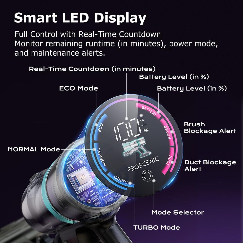Proscenic P16 Cordless Stick Vacuum Cleaner, 50kPa Suction, 55mins Runtime, 180° Bendable Wand