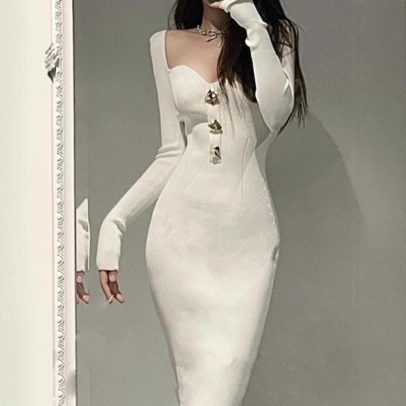 [] Fashion knitted dress autumn and winter new slim-fitting and thin high-waisted long sweater hip-wrapped skirt