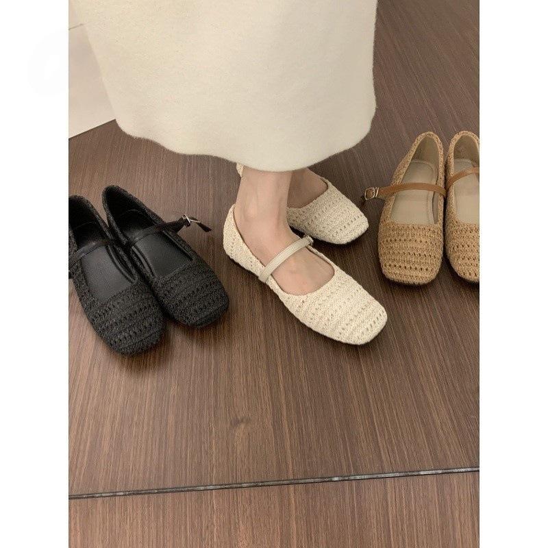 Late Evening Wind Woven Square Head Flat-soled Single Shoes Women's Shoes 2025 New Retro One-word Buckle Mary Jane Ballet Shoes