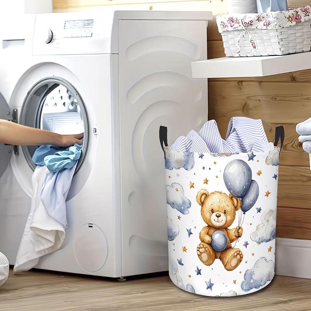 Balloon Bear Print Foldable Laundry Basket - Bathroom Clothes Storage Bin