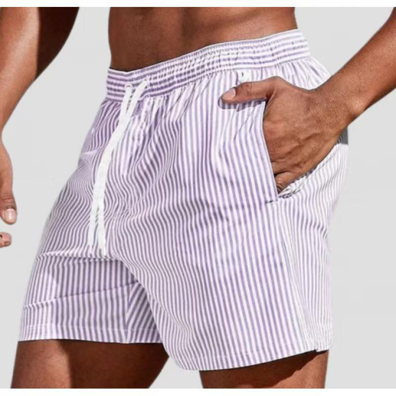 2026 Summer Men's Quick-drying Blue & White Stripe Beach Bermuda Shorts with Elastic Waist