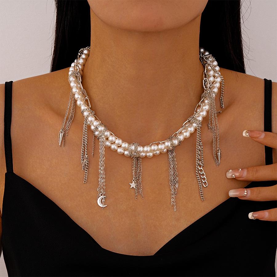 Personalized moon star chain tassel multi-layer imitation pearl necklace exaggerated temperament necklace