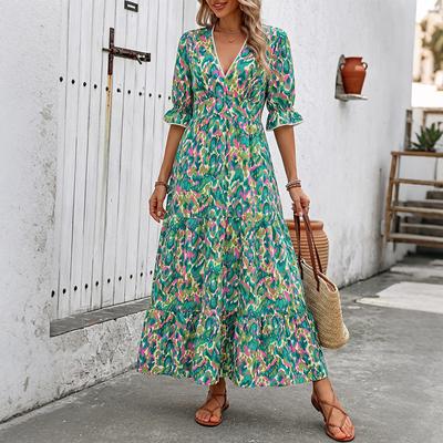 Women V Neck Printed Maxi Dress Casual Flare Sleeve Tiered Holiday Beach Dress