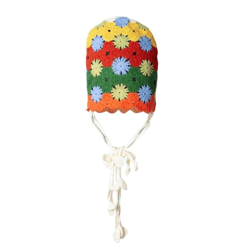 Crochet Rainbow Hat Cotton Knitted Fashionable Hat Handmade Breathable Hat for Fashion Enthusiasts