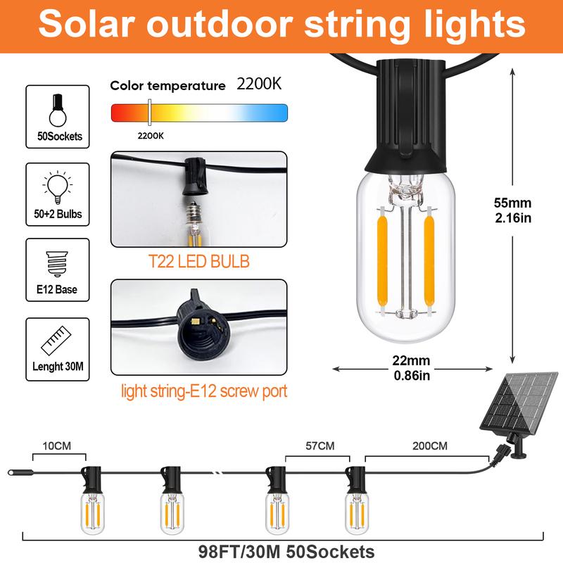 LED Solar String Light 10m 15m 18m 30m T22 Tubular Led Filament Bulb 24V Festoon Solar Garland Patio Backyard Garden Party Decor