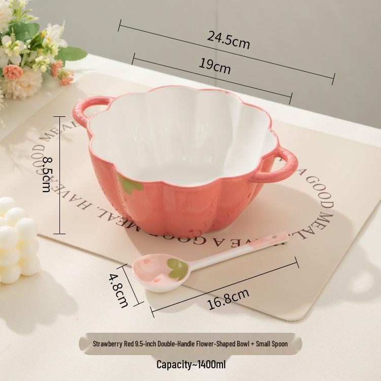 Cute Double-Handled Ceramic Bowl & Plate Set - Ideal for Instant Noodles, Soup, & More with Spoon & Chopsticks