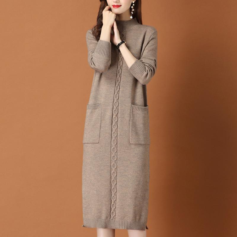 Knitted Dress Women's Autumn and Winter Clothing New with Coat Inside with Long Sweater Skirt Knee Bottom Skirt