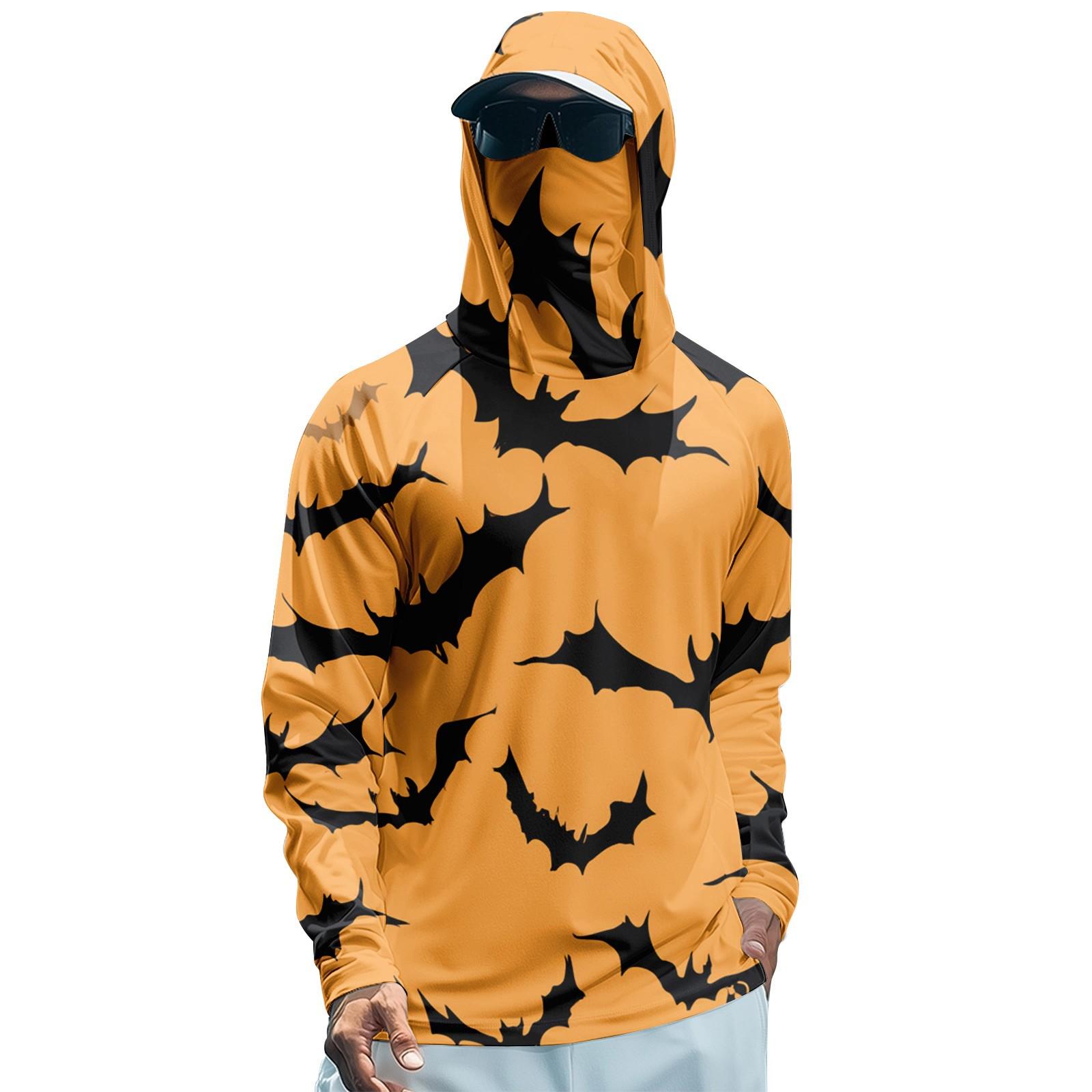 

Мужская худи реглан для рыбалки с принтами на Хэллоуин - UPF 50+ УФ защита, длинный рукав, солнцезащитная рубашка с сетчатым козырьком XXL шафрановый