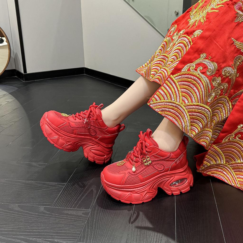 Xiuhe wedding shoes women's 2025 new summer mesh breathable dad shoes women's heightening platform sports red bride shoes