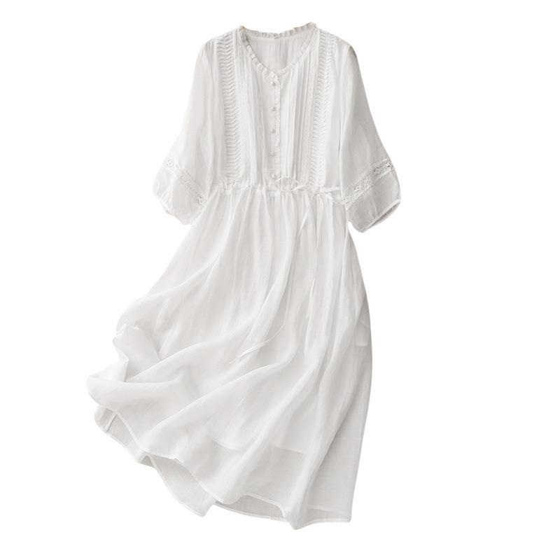 White Cotton and Linen Artistic Long Flowing Travel Beach Skirt Dress