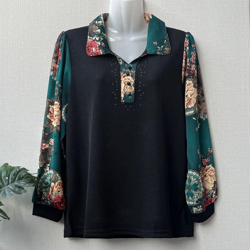 Spring Women's Long Sleeve Printed T-Shirt Loose Polo Collar Pullover Plus Size Blouse
