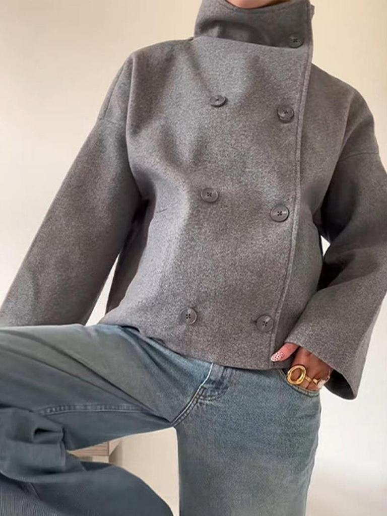 2025 Autumn/Winter Women's Solid Color Double-Breasted Wool Coat with Stand-Up Collar