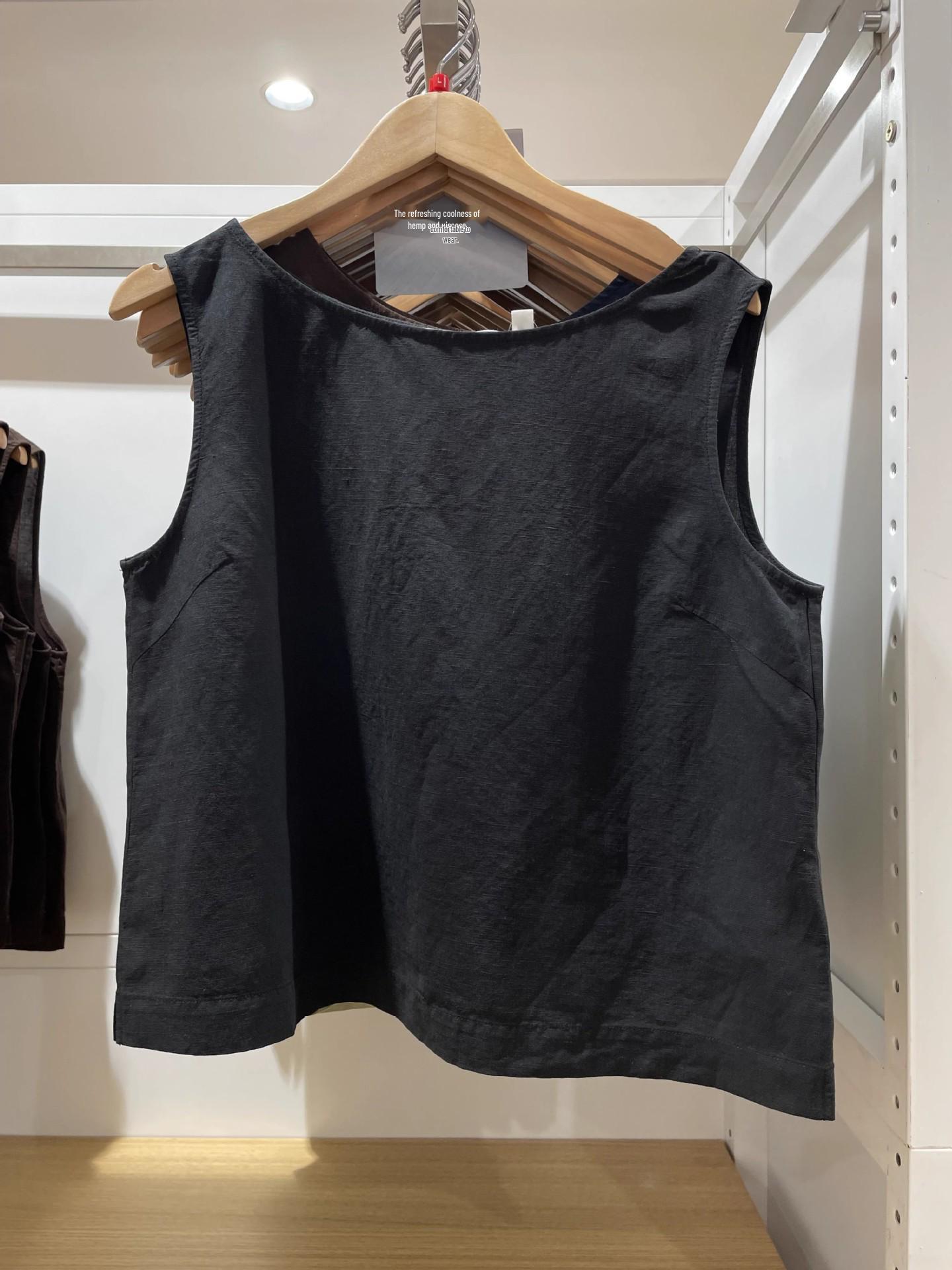 

Жіночий жилет без рукавів у японському стилі з суміші льону - Круглий виріз, Повсякденний, Весна/Літо 2025 Small чорний