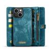 (Blue) Case for iPhone 15 Wallet Cover Trifold with TPU PC Handmade Leather Zipper Strong Magnetic Detachable Card Holder