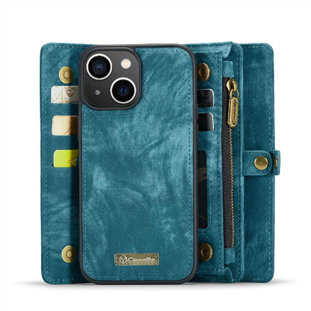 (Blue) Case for iPhone 15 Wallet Cover Trifold with TPU PC Handmade Leather Zipper Strong Magnetic Detachable Card Holder