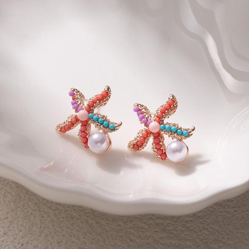 

Holiday Wind Starfish Ocean Series Earrings Retro Color Starfish Leaf Earrings Pearl Candy Color Ear Needles