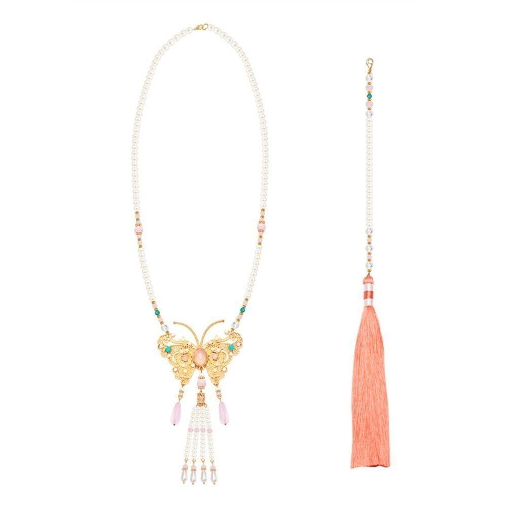 Retro Butterfly Necklace Fringed Chinese Style Necklace Pearl Pendant Necklace  Hanfu Costume