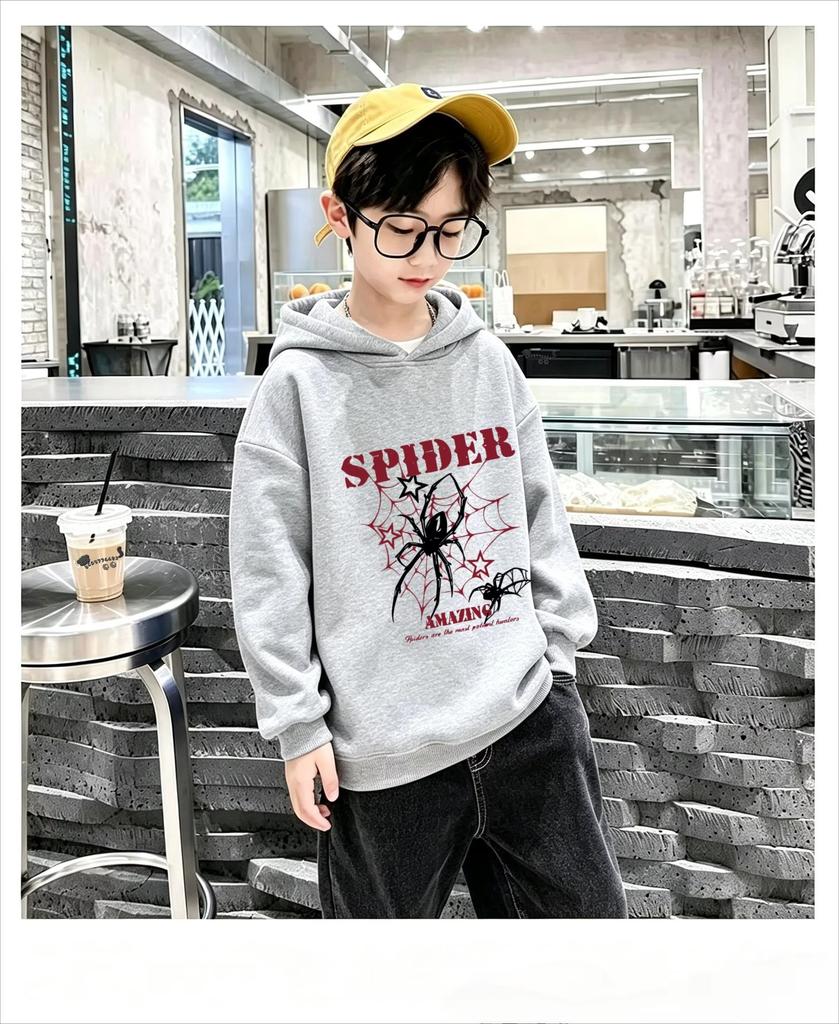 Dětský trendy hooded pullover s potiskem pavučiny, volný oversized podzimní/zimní denní teplý top