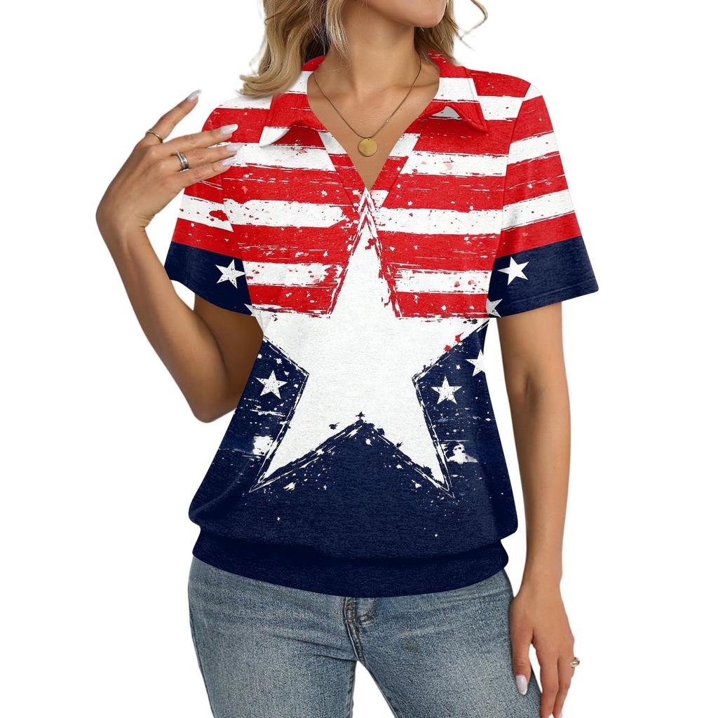 Women Short Sleeve Collared Shirt with Star Print Casual Loose Fit Button Down Top for Daily Wear Holiday Outings Work